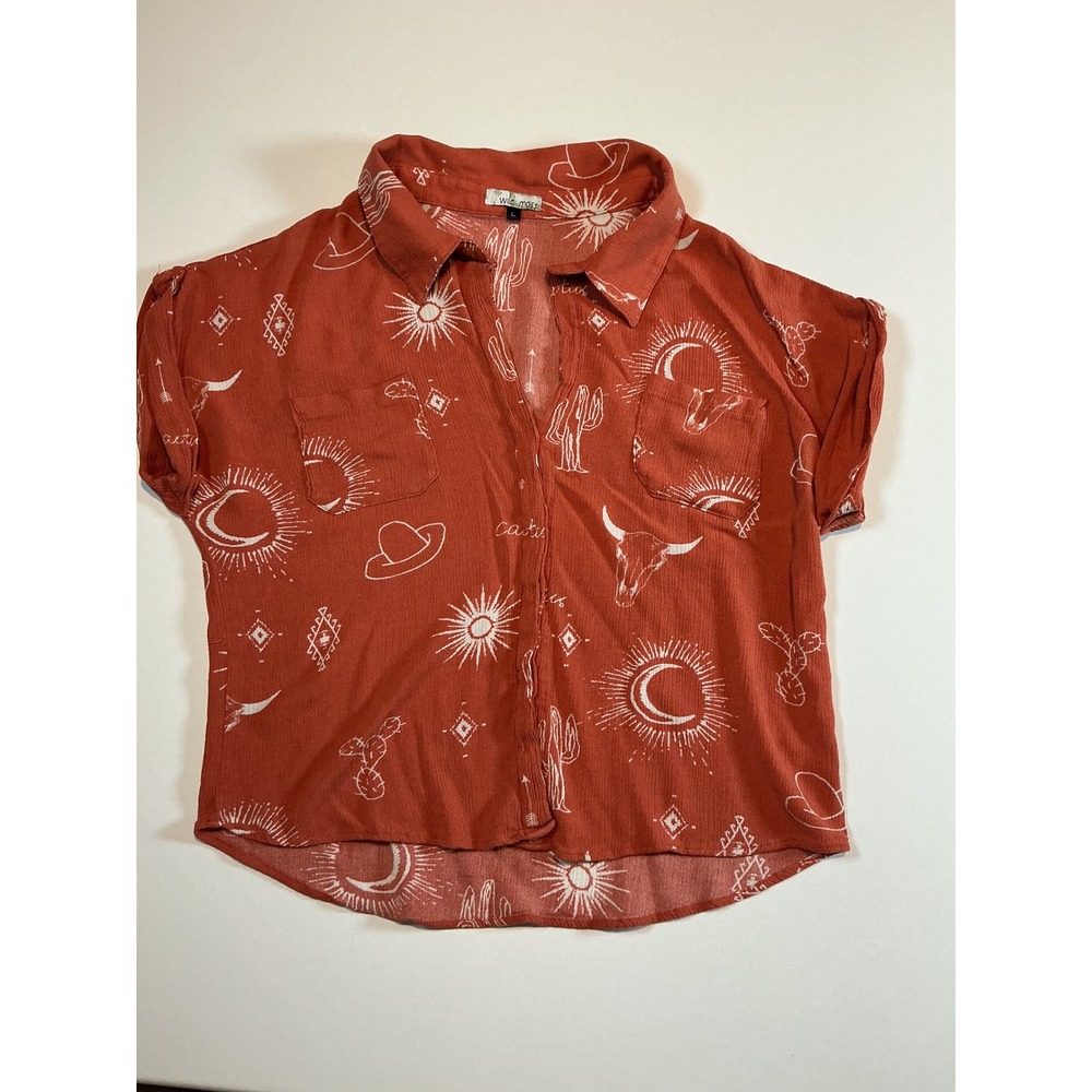 Wild Moss Rust Desert Cactus Celestial Button Down Women's Shirt Size L